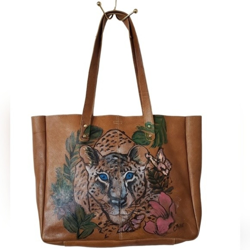 Hand-Painted Brown Leather Satchel Tote with Leopard Motif